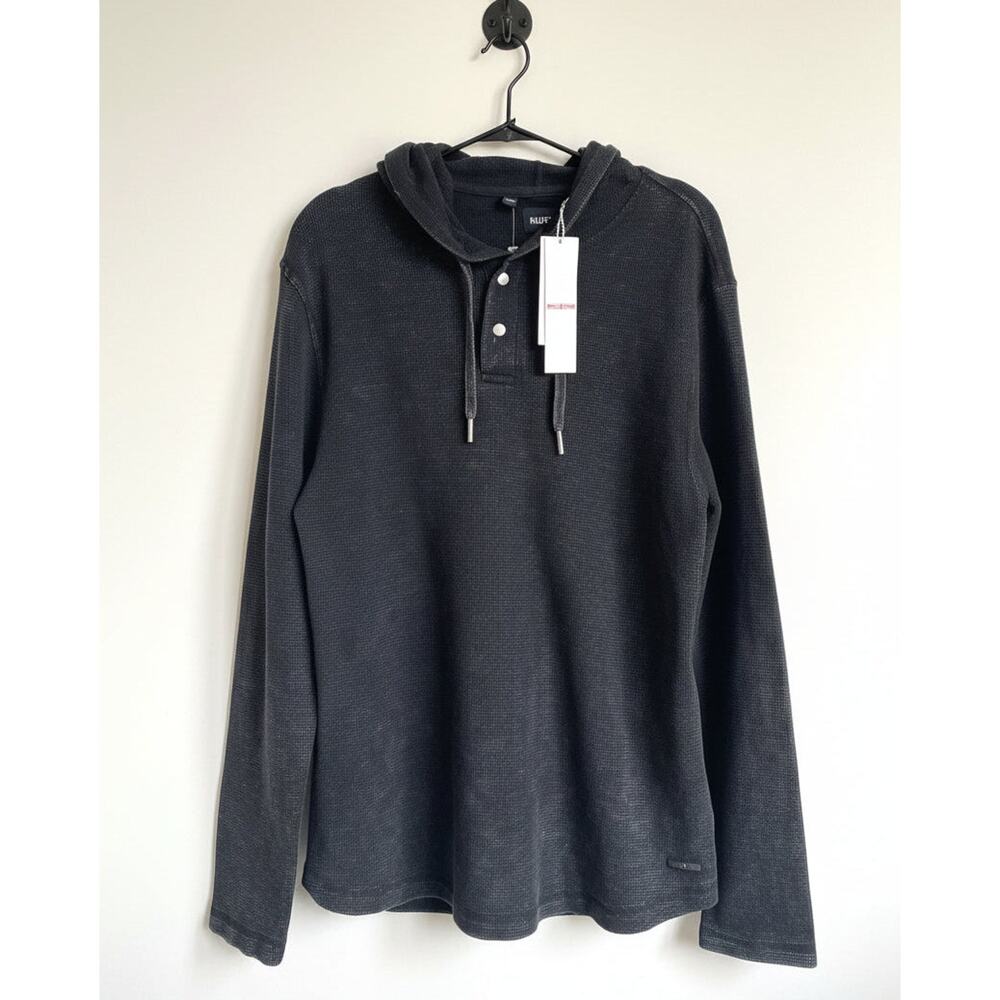 HUDSON Black Hoodie Waffle Knit Henley Pullover Sweater Mens Large